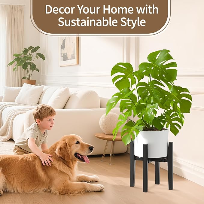 LASZOLA Bamboo Adjustable Plant Stand for Single Large Indoor Planters, Heavy Duty Floor Fern Holder Fits 8 to 12 Inch Pots, Mid Century Elevated Big Stool for Flower– Pot Not Included, Black, 2 Pack
