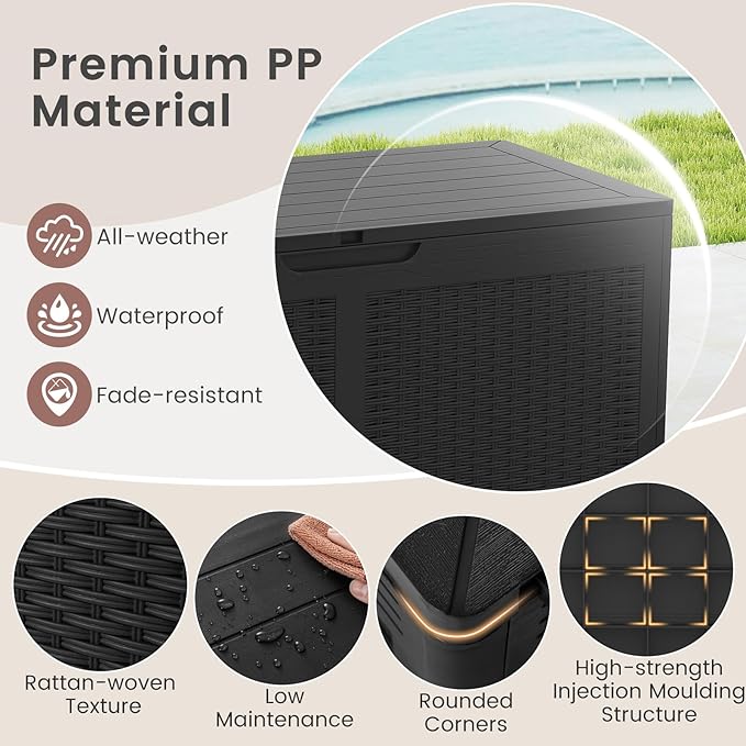 RELAX4LIFE 100-Gallon Resin Deck Box - Waterproof Outdoor Storage Box Container w/Lockable Lid & Wheels, Faux Rattan Porch Bench for Patio Furniture Cushions, Pool Accessories, Garden Tools (Black)