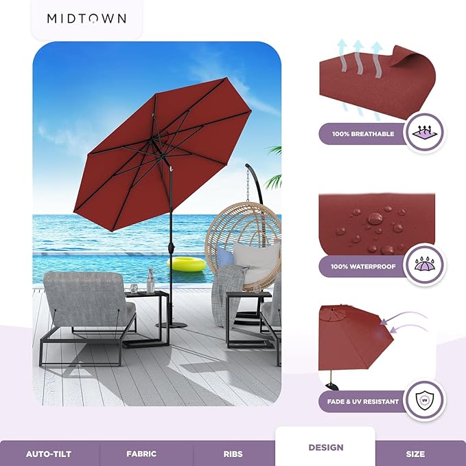 Midtown Umbrellas 10-Year-No-Fade - 10 Ft - UV Proof Cherry Burgundy Polyester Fabric - Umbrella Outdoor Patio, Aluminum Frame Large Patio Umbrella for Garden, Pool & Deck - Black Pole
