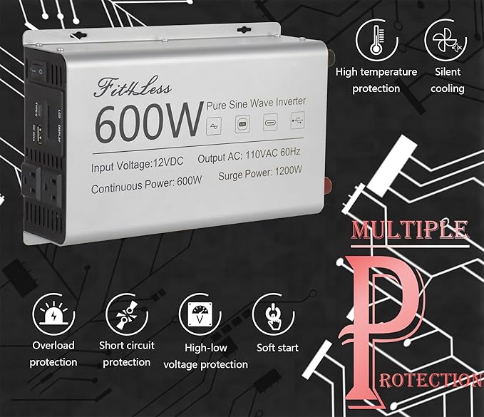 Pure sine Wave Inverter DC 12V Input and AC 110V Output with LCD Display, USB Output Port, Type-C Output Port(600W)
