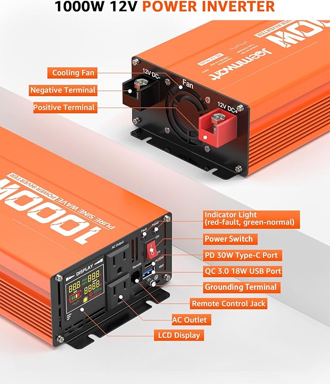 1000W/2000W(Peak) Power Inverter DC 12V to 110V AC with LCD Display, Remote Control, 2 AC Outlets, Fast Charging USB Charger, Car Pure Sine Wave Inverter for Car Home Laptop Truck