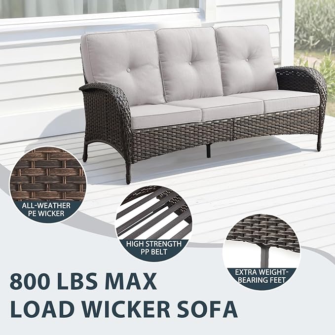 5 Piece Patio Furniture Set - Wicker Patio Conversation Set with Swivel Glider, 3 Seat Sofa, Tempered Glass Side Table and Coffee Table for Deck Backyard - Brown Wicker Beige Cushion