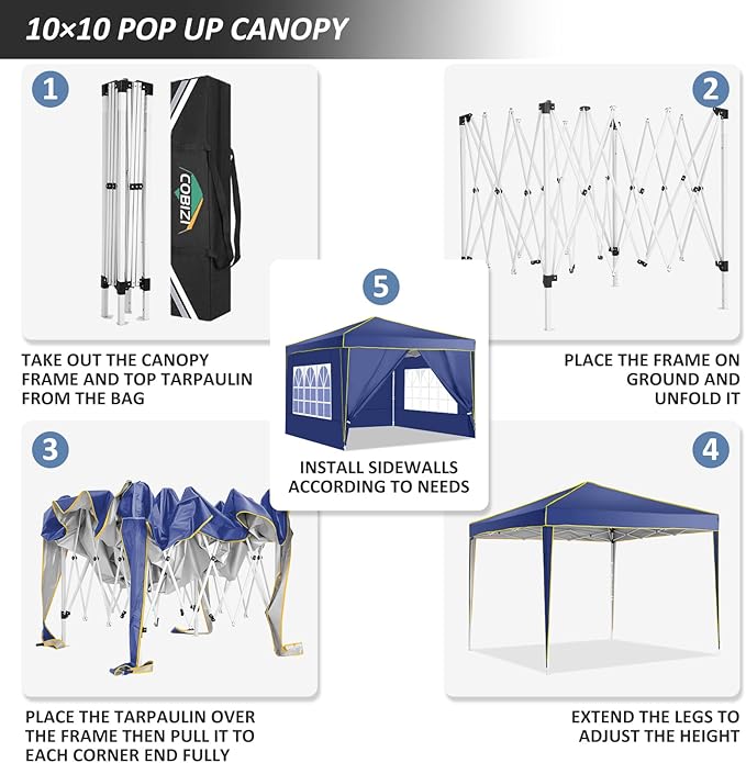 COBIZI 10x10 Pop Up Canopy Tent with 4 Removable Sidewalls, One Person Setup, Outdoor Event Commercial Canopy, UV Protection 50+, 3 Adjustable Heights, Carry Bag, Sandbag, Stakes & Ropes, Navy Blue