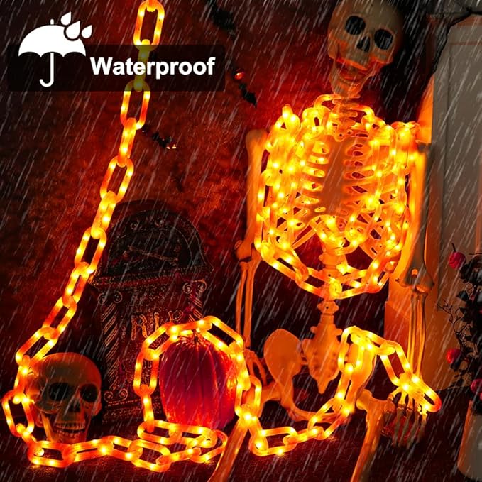 10Ft Halloween Chain String Light Decorations Outdoor Indoor, 160 LED Lights with 8 Modes Waterproof Lighted Prop Chains for Halloween Party Favors Yard Haunted House Spooky Decor(Orange)