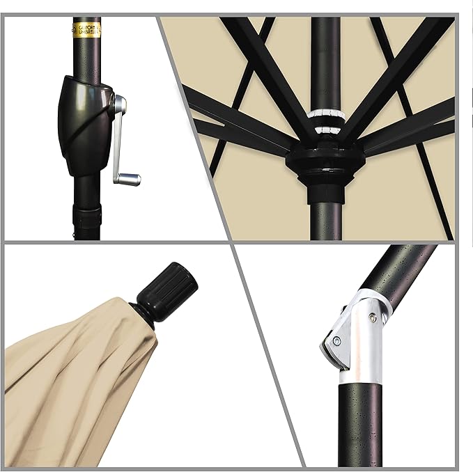 California Umbrella 9' Round Aluminum Market Umbrella, Crank Lift, Push Button Tilt, Black Pole, Sunbrella Antique Beige