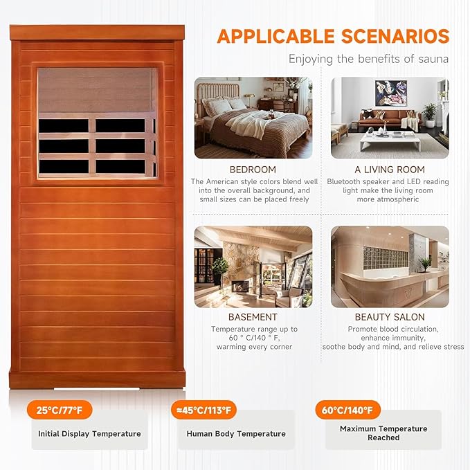 Sauna, Far Infrared Saunas for Home One Person Sauna Okoume Wood 800W/110V Low Emf Dry Sauna Indoor Sauna Room with Tempered Glass Door/Speakers/Air Hole and LED Lighting - 35.2 * 27.6 * 61.6 in