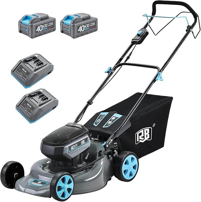 RB 80V 4-in-1 Cordless Lawn Mower 18” Brushless Motor with 2 x 4.0Ah Batteries & Fast Charger - 7 Cutting Height Adjustment Low-Noise Push Mower for Effortless Lawn Care