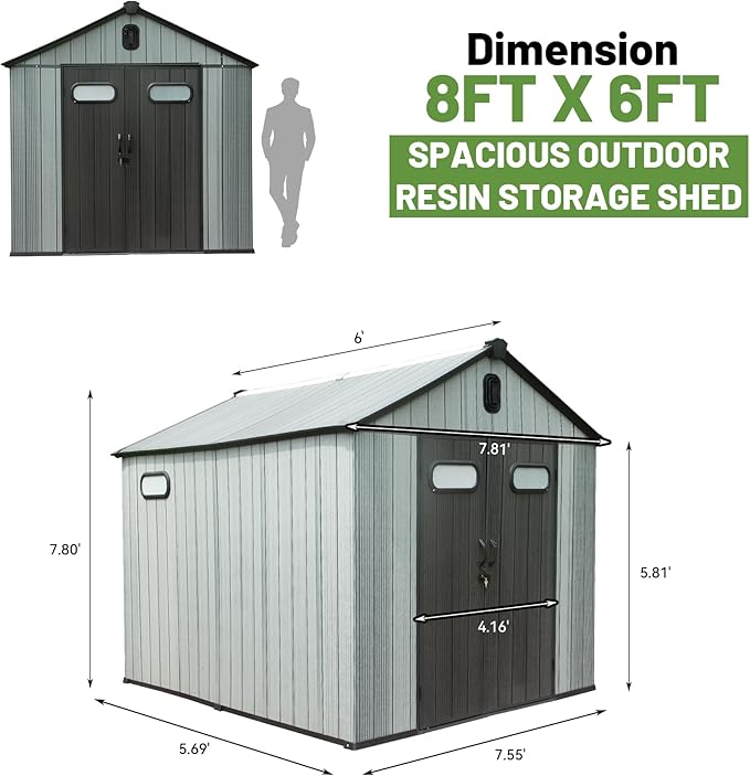 8X6 FT Outdoor Resin Storage Shed, Waterproof Plastic Garden Shed with Lockable Door, Windows & Vents, Outside Storage Tool Shed for Patio Furniture, Lawn Mower, Bike