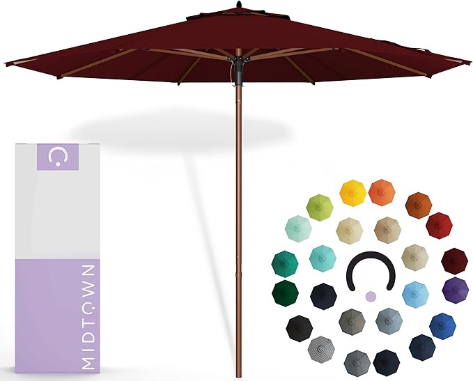 Midtown Umbrellas The Wooden 9 Feet Patio Umbrella With Sunbrella Burgundy Acrylic Fabric - Aluminum Frame Market Umbrella For Backyard, Deck, Garden, Pool - Wooden Pole