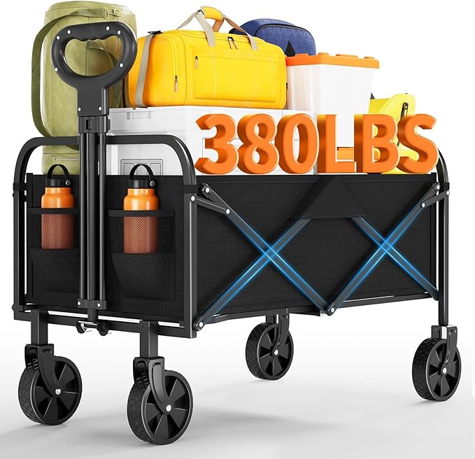 Collapsible Wagon Cart 380Lbs Capacity, Foldable Utility Portable Beach Wagon with All-Terrain Wheels, Adjustable Handle & Drink Holders, Carts with Wheels for Grocery, Camping, Shopping, Garden Cart