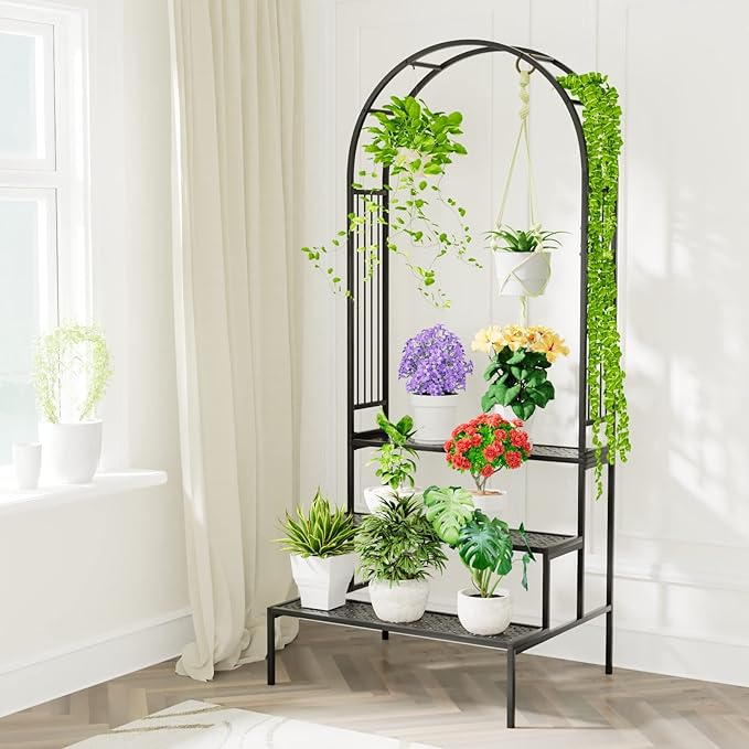 Garden 4 you 3 Tier Metal Plant Stand Garden Arch Arbor Trellis for Outdoor Display Shelf Flower Pot Holder Storage Organizer Rack for Indoor Home,Patio Balcony Yard(Black, Arch)…