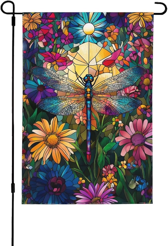 Dragonfly Flowers Garden Flag Vertical Double Sided Outdoor Yard Flags 12.5x18 Inch Burlap Banners for House Lawn