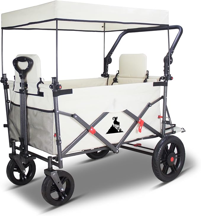 Collapsible Foldable Wagon Cart with Quick-Release Wheels & 2 Seats Camping Wagon- Heavy-Duty Utility Wagon 265LBS Capacity for Camping, Garden, Shopping (Beige)