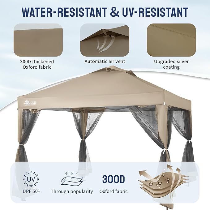 CROWN SHADES Gazebo 10x10 Pop Up Canopy with Mosquito Netting, Screen Tent with 4 Ropes, 8 Stakes, 4 Sandbags and Wheeled Storage Bag, Canopy for Patio & Backyard, Beige
