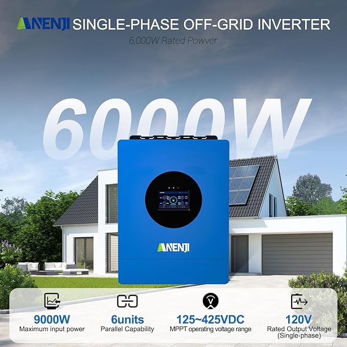 6000W Hybrid Solar Inverter 48V DC to 220V AC, Pure Sine Wave, Built-in 120A MPPT Controller, 99.9% Efficiency, Solar & Generator Input, Dustproof, for Home Backup RV Off-Grid