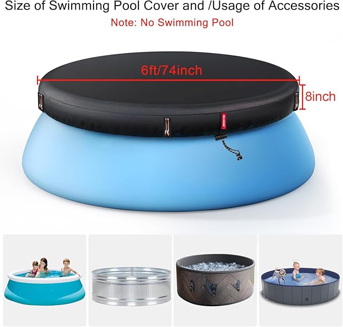 QH.HOME 6ft Round Inflatable Pool Cover for Above Ground Pools, Stock Tank Cover Protector with Attachment, One Piece Tear Resistant Round Hot Tub Cover, Wind and Dust Resistant, Fit Small Pool Cover