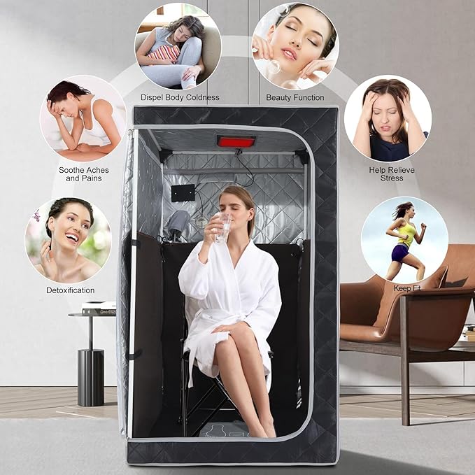 ZONEMEL 1 Person Portable Full Spectrum Infrared Sauna, Full Size Tent with Remote Control,1300W Fast Heating, Foldable Chair & LED Therapy Light, Home Spa for Relaxation (L35.4 x W35.4 x H55.1)