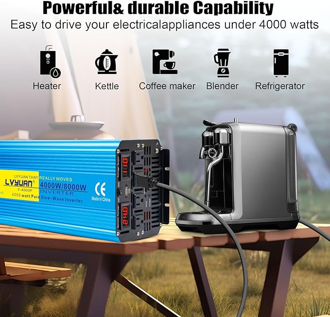 Yinleader 4000W Pure SINE Wave Power Inverter DC 24V to 110V/120V AC Converter w/Wireless Remote Control LED Display 1 USB Port, 4 AC Outlets for RV Truck Solar System Emergency
