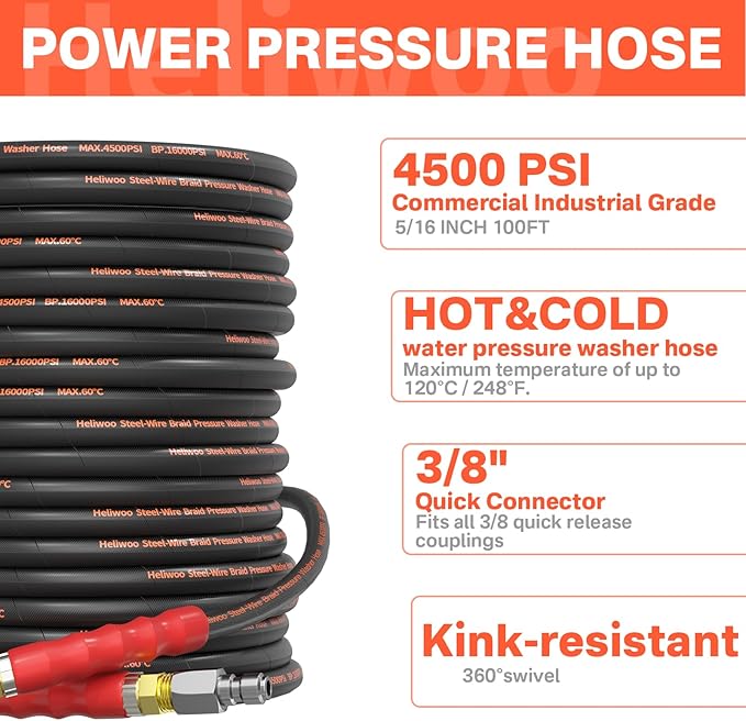 5/16" Pressure Washer Hose 100 FT, Hot and Cold Water Power Washer Hose Max 140°F, Commercial Industrial Grade Steel Wire Braided Kink Proof Extension Hose -4500 PSI