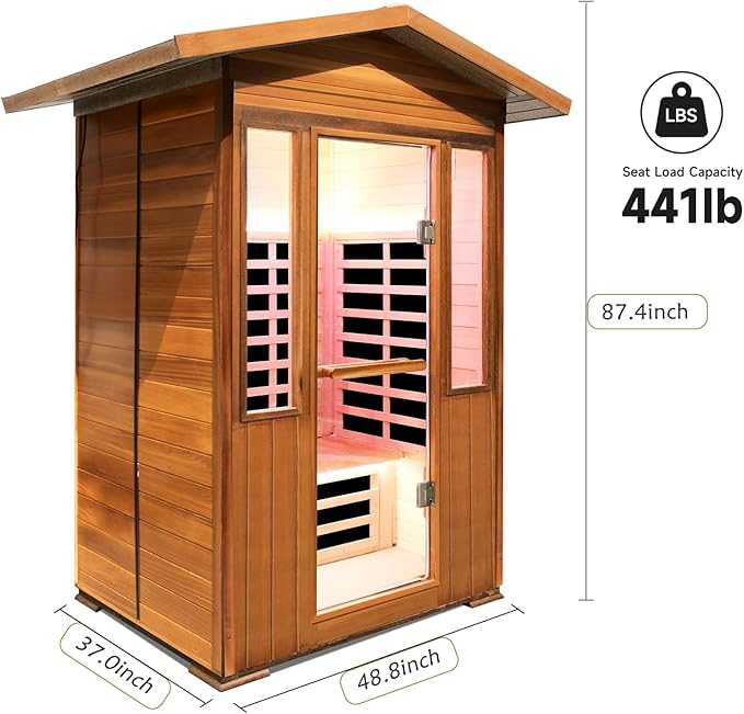 Outdoor Sauna 2 Person 1800W/110V Low EMF Dry Sauna Infrared Sauna for Home Inner Board Hemlock Wood/Outer Board Red Cedar, 8 Heating Panels with LCD Control Panel/Speaker and Tempered Glass Door
