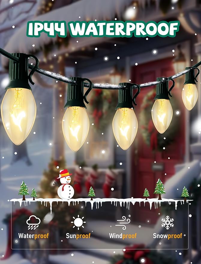 C7 Christmas Lights Outdoor, 25Ft Outdoor Christmas String Lights with 25 Warm White Incandescent Bulbs, Hanging Vintage Christmas Decorations Light for Roofline House Garden Patio Backyard