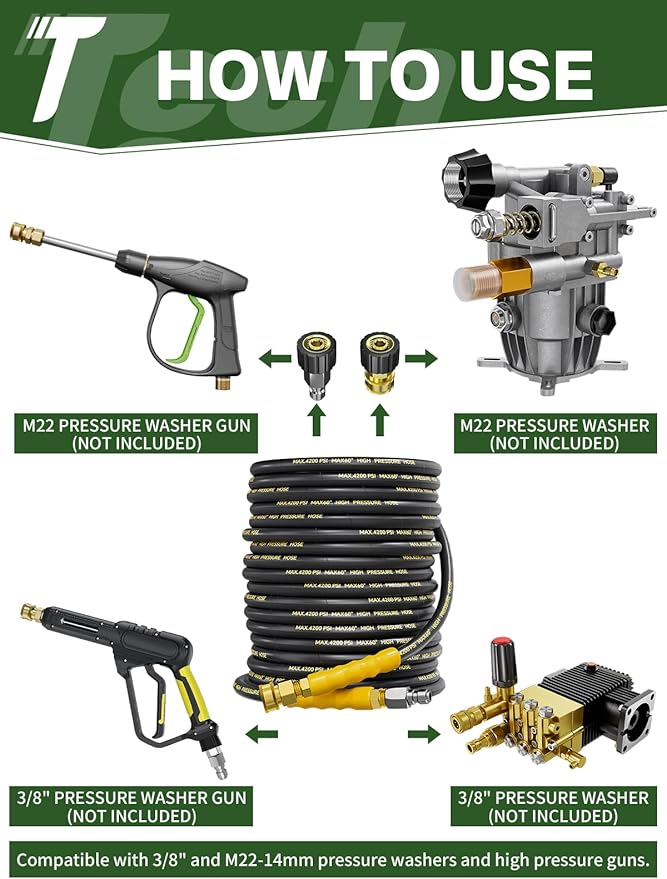 4200PSI Pressure Washer Hose 150FT with 3/8" Swivel Quick Connect for Cold/Hot Water, Kink Resistant Steel Wire Braided, Wear Resistant Power Washer Hose with 2 M22 14mm Adapter Set