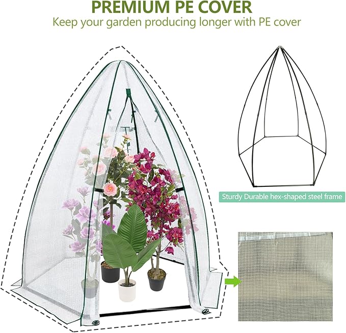 Greenhouse for Outsides, 54”x 54”x 71” Heavy Duty Green House Tent with Durable PE Cover, Garden Plant Protector with Zippered Door Mesh Window for Vegetables Flowers Fruits Herbs, White