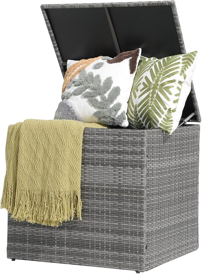 Patiorama 88 Gallon Wicker Deck Box, Indoor/Outdoor Storage Box for Patio Cushions and Gardening Tools - Resin Rattan Patio Cushion Storage Bin, Grey