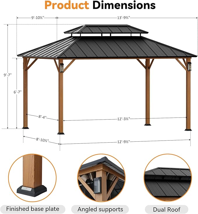 Modern Shade The Horizon Hardtop Gazebo 10' x 14' with 4 LED Lights, Permanent Outdoor Gazebo with Galvanized Steel Double Roof, Grill Pavilion with Decor Hooks, Mosquito Nettings, Wood-Looking