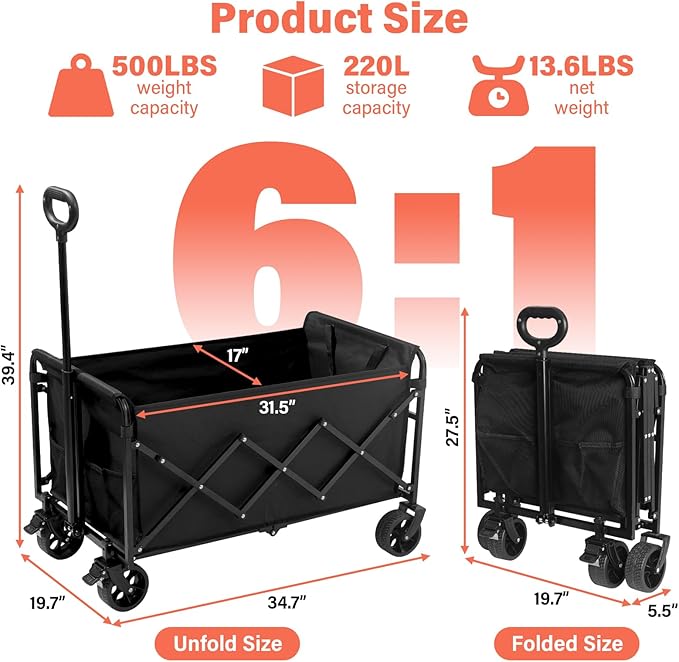 Collapsible Wagon Cart Foldable - Extra Large 500 lbs Capacity Portable Folding Beach Wagon with Wheels - Heavy Duty Utility Cart for Groceries, Shopping, Camping, Sports, Garden - Black