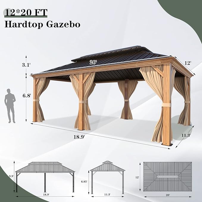 YOLENY 12'x20' Gazebo, Galvanized Steel Double Roof with Wood Grain Aluminum Frame, Outdoor Permanent Metal Pavilion with Curtains and Nettings for Patio, Backyard and Deck