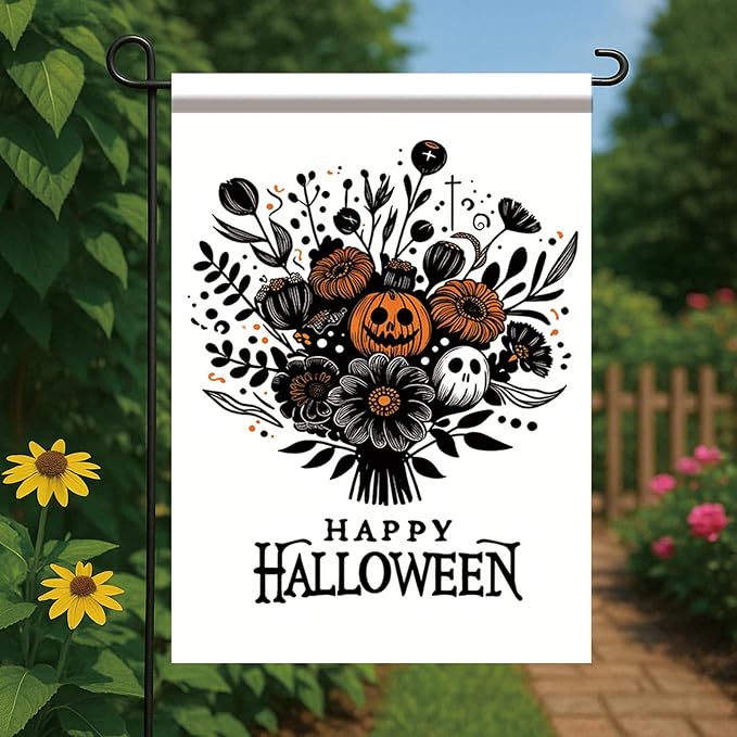 Halloween Garden Flag 12x18 Inch Pumpkin Ghost Floral Bouquet Yard Banner Happy Halloween Outdoor Decoration Double Sided Seasonal House Flag for Porch Patio Lawn Garden Party Fall Decor
