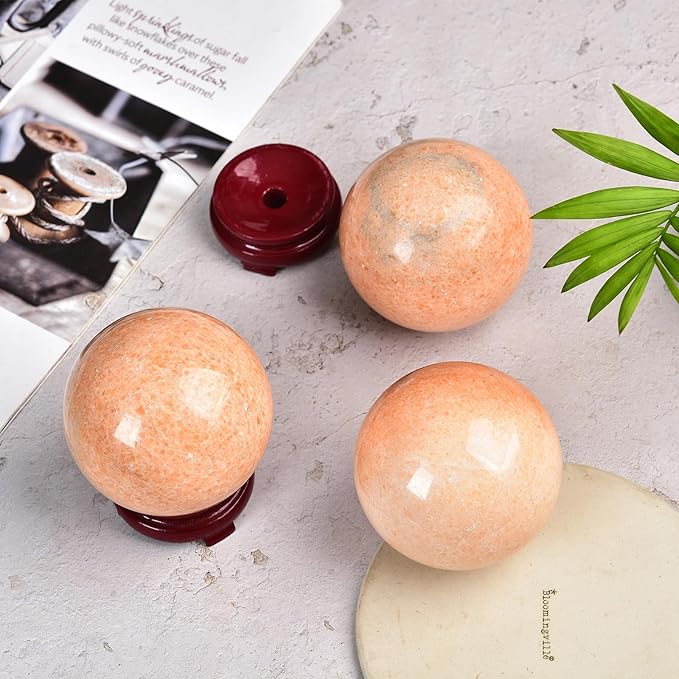 JIC Gem Sunstone Healing Crystals Sphere Ball Natural Rare Sparkling Crystal Sphere Ball Mineral Quartz Stone Ball with Decorative Stand Home Decoration (70-80mm), 2.8-3.2inch, Sunstonelight