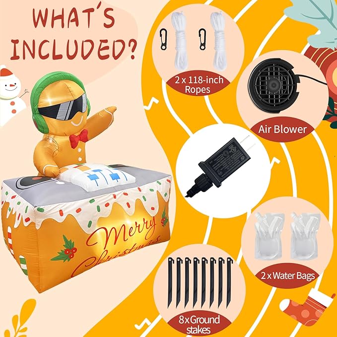 OurWarm 6FT Christmas Inflatable Outdoor Decoration, DJ Gingerbread Inflatable Christmas Decorations with LED Lights, Xmas Blow Ups for Outdoor Indoor Lawn Garden Yard