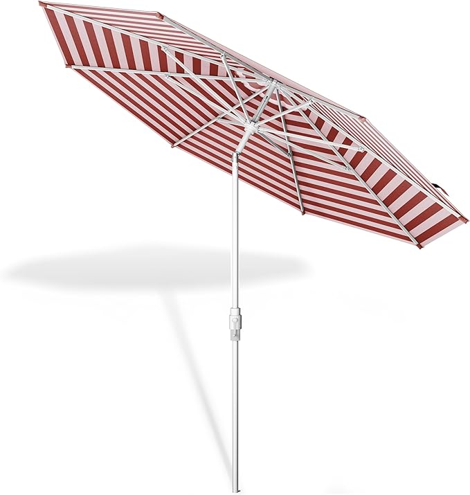 Midtown Umbrellas The Swilt 10 Feet Patio Umbrella in Terylast Red Stripes (Red/White) Polyester Fabric - Fiberglass Ribs, Auto-Tilt Aluminum Frame For Backyard, Deck, Garden, Pool - White Pole