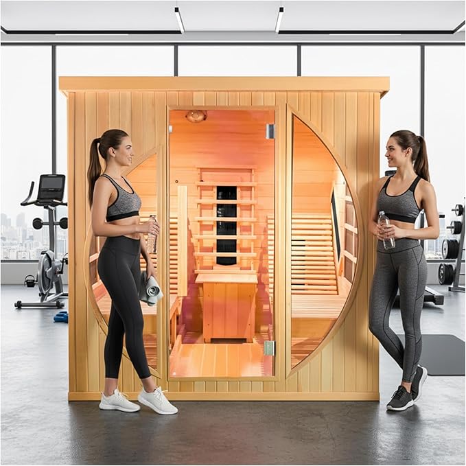 ZONEMEL Infrared 2 Person Wooden Sauna Room with Recliner, Canadian Hemlock Luxury Indoor Sauna with 10 Heaters, Oxygen Bar, 3400 Watt,Full Spectrum Infrared Therapy Wood Dry Heat Sauna, 220V