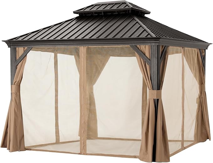 ABCCANOPY Hardtop Gazebo 10x12 - Outdoor Metal Hard Top Gazebo, Permanent Galvanized Steel Aluminum Framed Pavilion with Netting and Curtain for Patio Backyard Lawn Garden (Double Roof, Khaki)