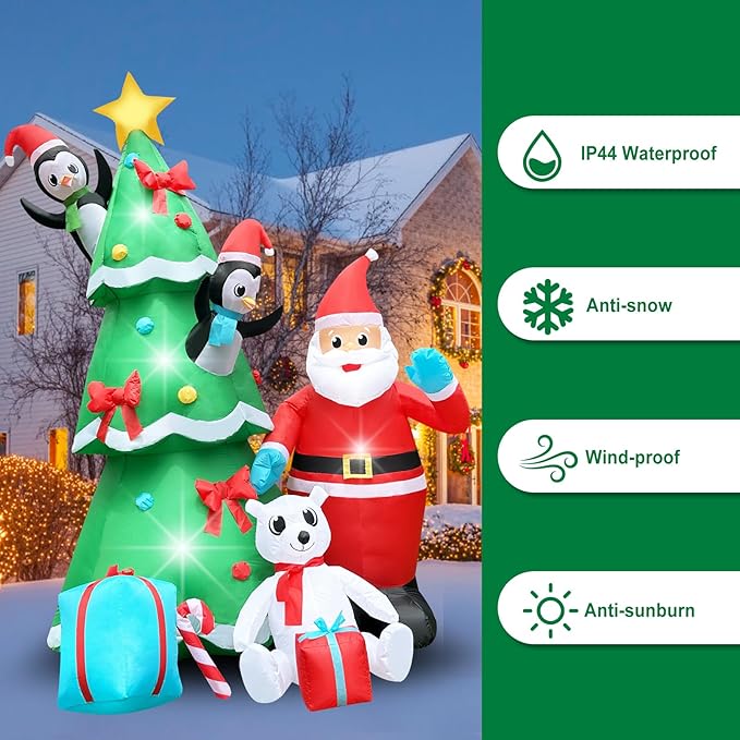 10FT Christmas Inflatable Xmas Tree with Smiley Santa, A Penguin in Red Hat, Polar Bear & Gift Boxes Light-Up Blow Up Yard Decor for Holiday Lawn, Garden, or Festive Family Fun Display