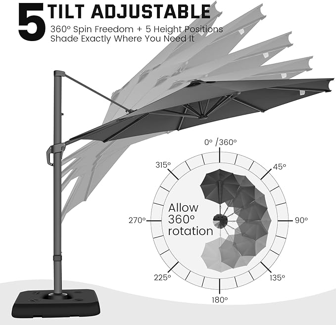 Hotime 10ft Patio Umbrella Outdoor Patio Windproof and Height adjustable, Heavy Duty Aluminum Round Offset Patio Umbrella Cantilever Pool Umbrella with 360°Rotation for Garden Deck Pool, Gray