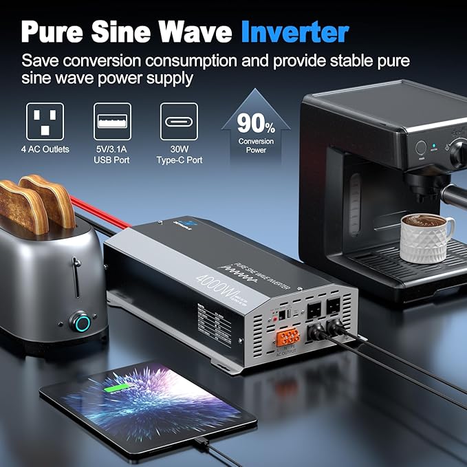 4000 Watt Pure Sine Wave Inverter 12v DC to 110v 120v AC Converter,8000W Peak Power Inverter with 4 AC Outlets,USB Port,Type-C,Remote Control LCD Display for Truck, RV, Vehicles, Solar Off-Grid