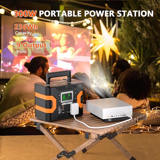 HOWEASY Portable Power Station 300W(600W Peak), 236Wh Solar Generator with Pure Sine Wave 110V AC Output, Backup Lithium Battery with LED Light for Outdoor Camping Travel Home Blackout