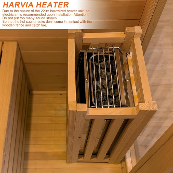 ZONEMEL Wooden Steam Sauna Room, 2 Person Canadian Hemlock Luxurious Indoor Sauna with 3.5 KW Harvia Stove Heater, Bluetooth Speaker, Sauna Stone, Wooden Bucket, Scoop, Reading Light, Hourglass,220V