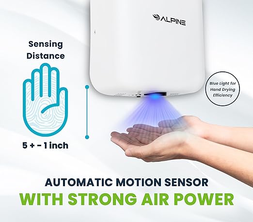 Alpine Automatic Hand Dryers for Bathrooms Commercial High Speed 110-120V Stainless Steel Electric Hand Dryer, Plug In & Hardwire Options with Air Filter, ADA & UL Compliant & 5 Years Coverage (White)