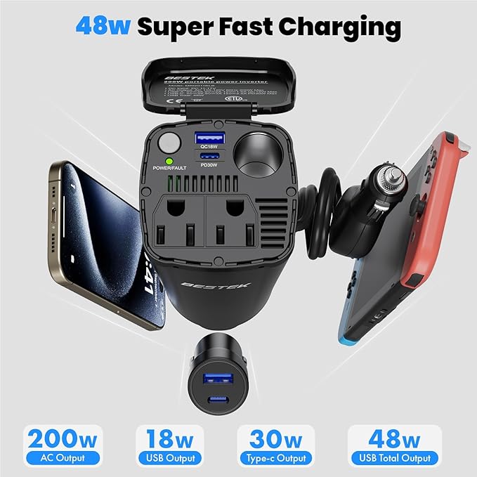 BESTEK 200W Power Inverter, 12V DC to 110V AC Car Plug Adapter Outlet Converter with [30W USB-C]/USB-Fast Charger(18W) / Dual AC Outlets/car Charger for Laptop