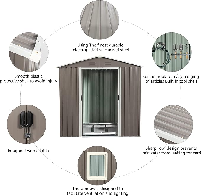 6x5 ft Outdoor Metal Storage Shed with Floor Foundation and Window, Lockable Galvanized Steel Tool Shed with Sliding Door and Air Vent, Waterproof Garden Storage House for Backyard, Patio
