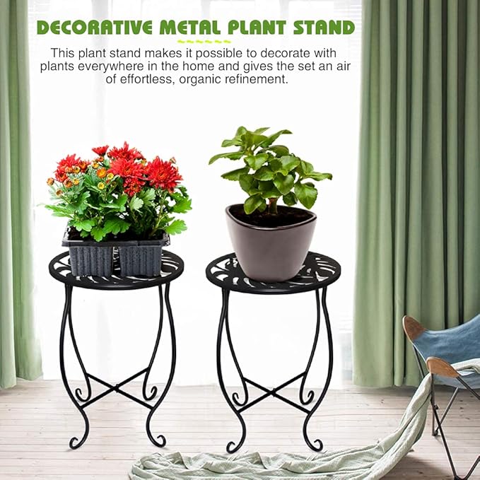 15" Tall Metal Plant Stand, 8" Wide Round Plant Stand for Flower Pot Rustproof Iron Plant Holder for Indoor Outdoor Use, Easy Assemble Flower Stand for Home Garden Display Greenery (Round 2pcs)