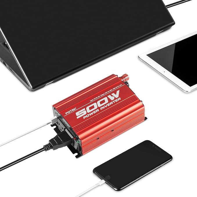 POTEK 500W Car Power Inverter DC 12V to AC 110V with 2AC outlets and 2A USB Port