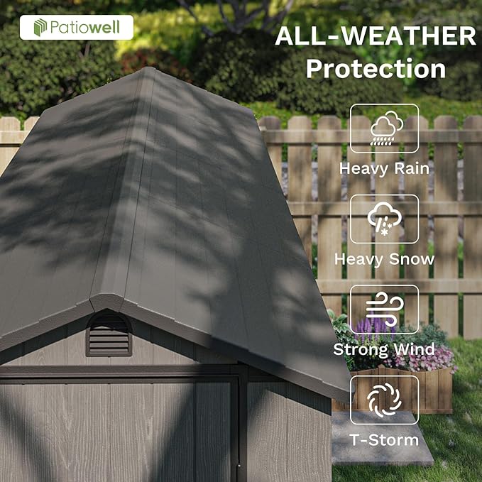Patiowell 4 x 8 FT Plastic Outdoor Storage Shed with Floor, Garden Tool Shed with Two Windows and Single Lockable Door for Garden, Backyard, Lawn, Easy to Install (Deep Grey) (Fit-it Shed)