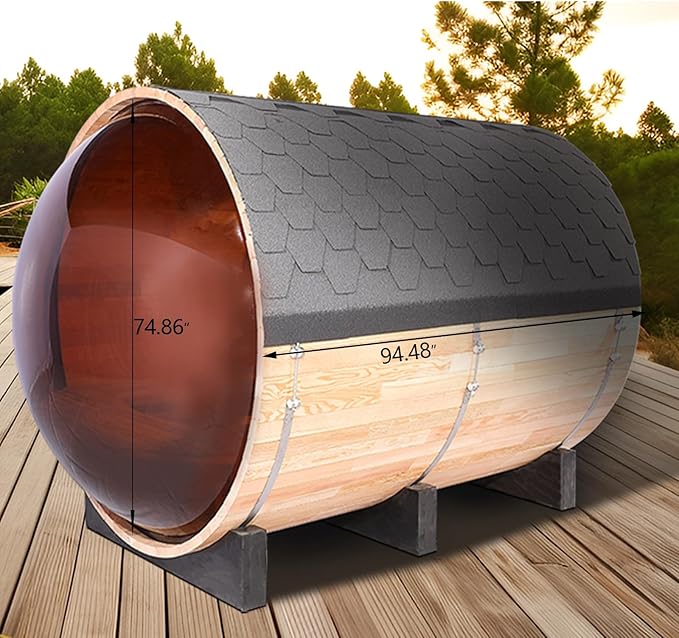ZONEMEL Barrel Steam Sauna Room with Panoramic View, Bitumen Roofing, Canadian Hemlock Outdoor Sauna with 6kw ETL Certified TOULE Heater, Sauna Rocks, 8 Person Sauna Bath for Garden Courtyard, 220V