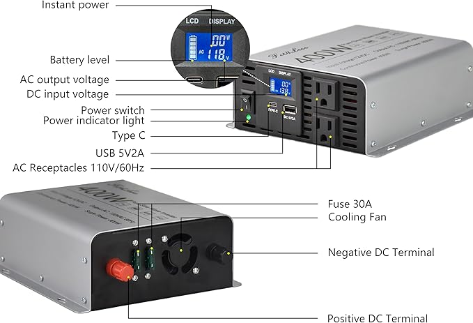 Pure sine Wave Inverter DC 12V Input and AC 110V Output with LCD Display, USB Output Port, Type-C Output Port (400W)